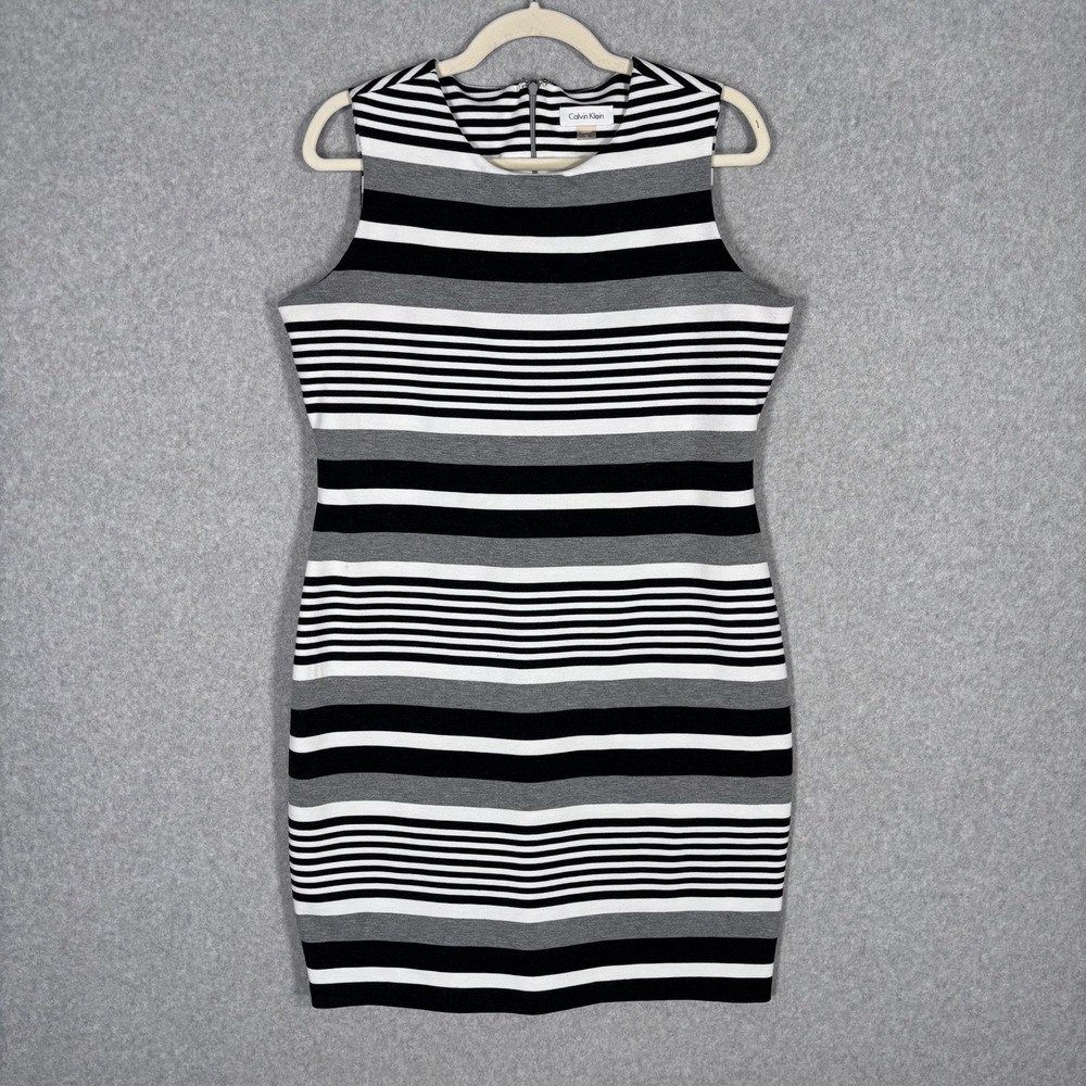 Calvin Klein Sheath Pencil Dress 12 Black White Gray Neutral Jersey Knit Bodycon